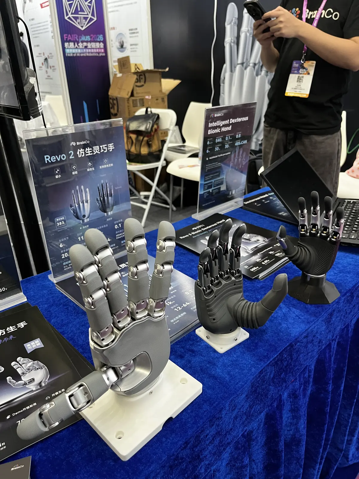 Bionic robot hands on display at a robotics fair in Shenzhen